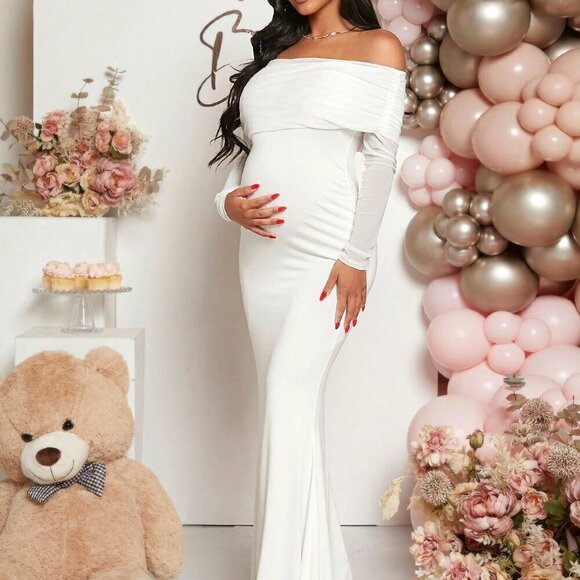 White Elegant Women's Maternity Off Shoulder Foldover Front Floor Length Dress - Picture 5 of 6